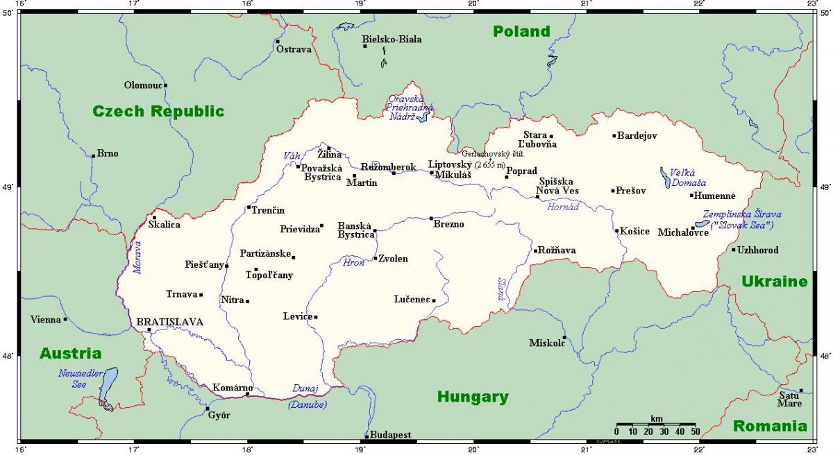 zemljevid Slovaške z mesta